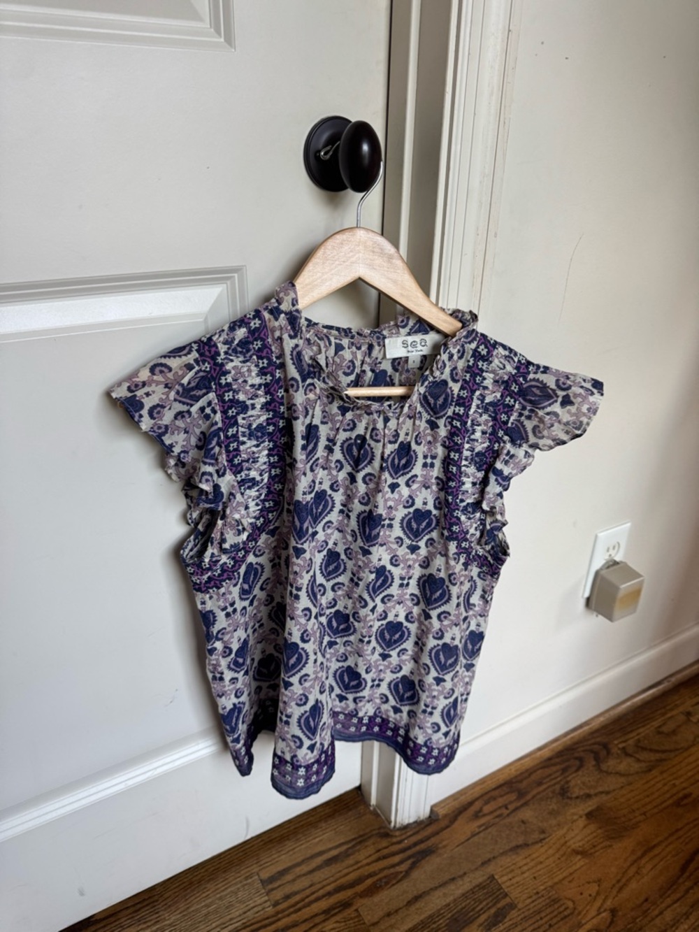 Sea New York Purple and Cream Paisley Ruffle Sleeve Blouse